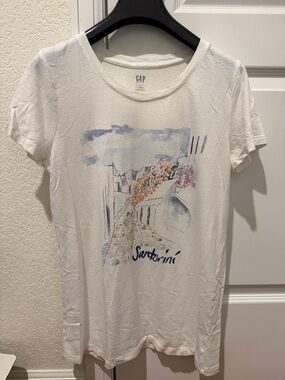 GAP White Tee with Blue and Pink Santorini Watercolor